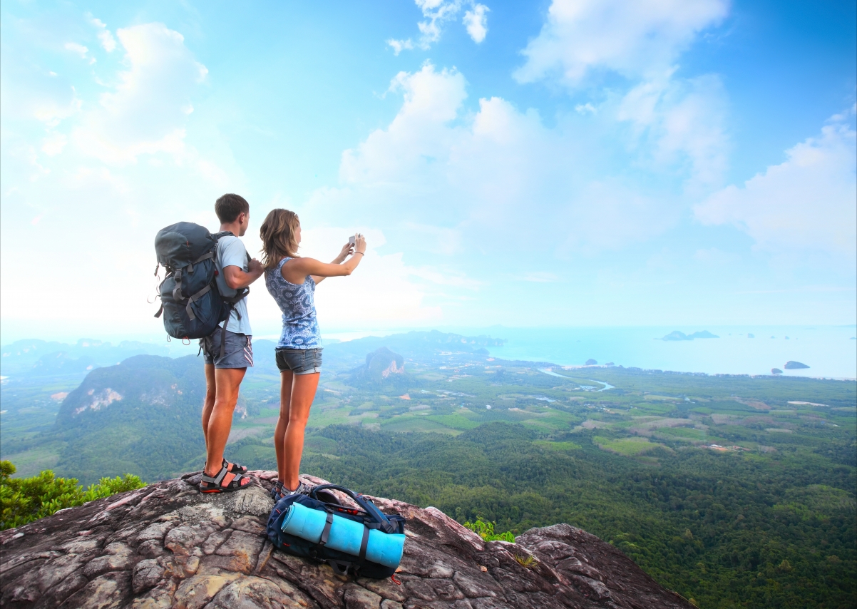 女孩,男孩,登山,高处眺望,徒步旅行,山地,图片